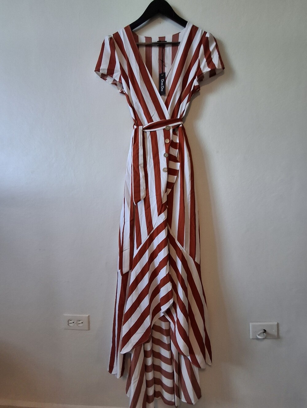 Striped Wrap Maxi Dress - White & Rust